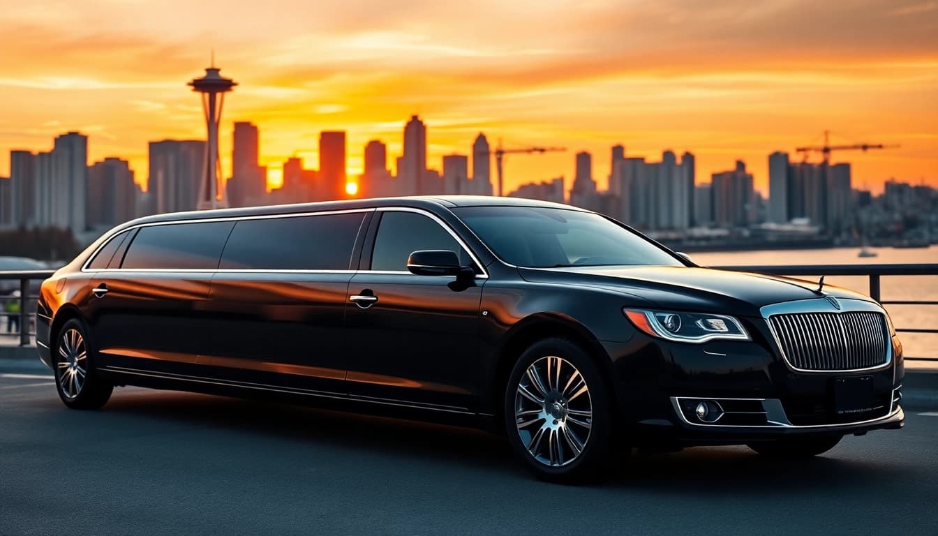 Experience luxury with a vancouver to seattle limo against Seattle skyline.