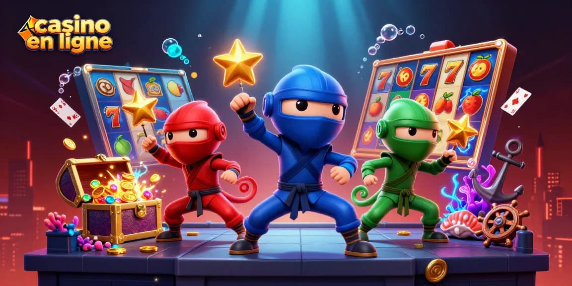 Visuel dynamique de casino en ligne avec des personnages de chameleons ninjas et des éléments de machines à sous.