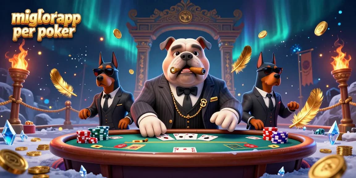 Scopri le migliori app per poker con una scena vibrante che mostra un bulldog in suit e due dobermann nel mondo del poker.
