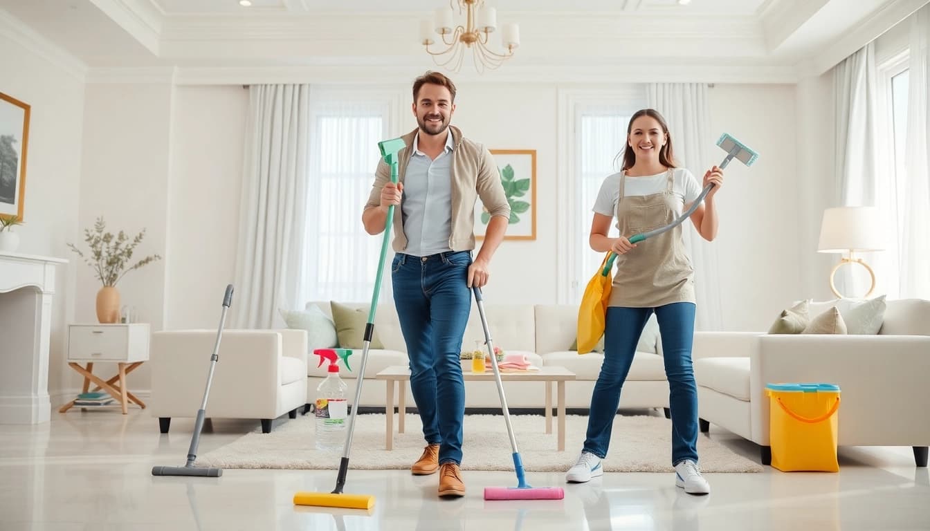 Efficient cleaning service team revitalizing a client's living room for optimal freshness and cleanliness.