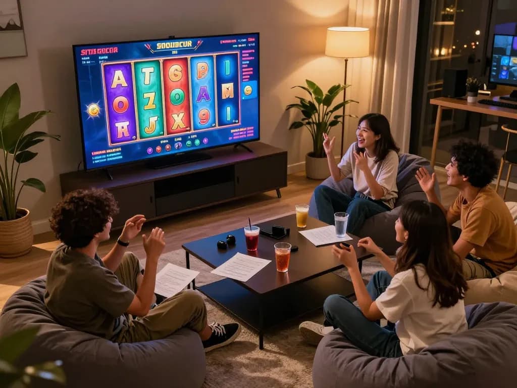 Friends enjoying a situs gacor slot game together in a cozy living room atmosphere, showcasing excitement and engagement.