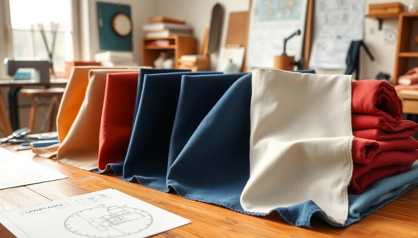 Vergelijk verschillende canvas stoffen met unieke texturen en kleuren op een houten tafel.