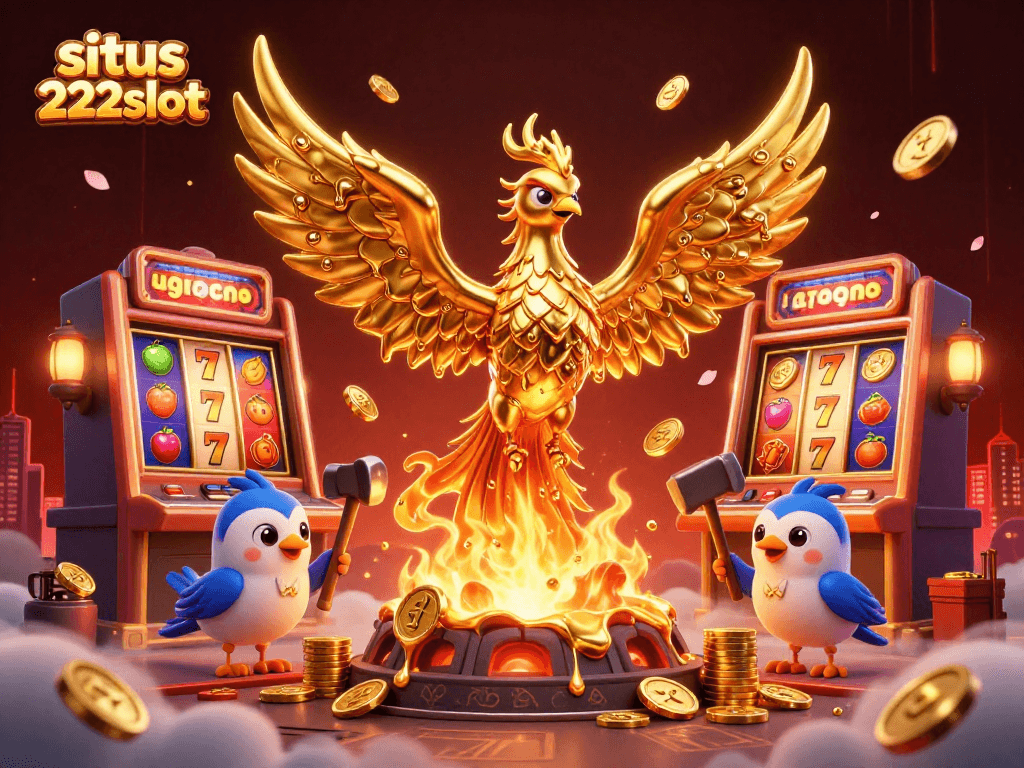 Mengakses situs 222slot sambil menikmati permainan slot dengan phoenix emas yang mengalirkan koin ke udara.