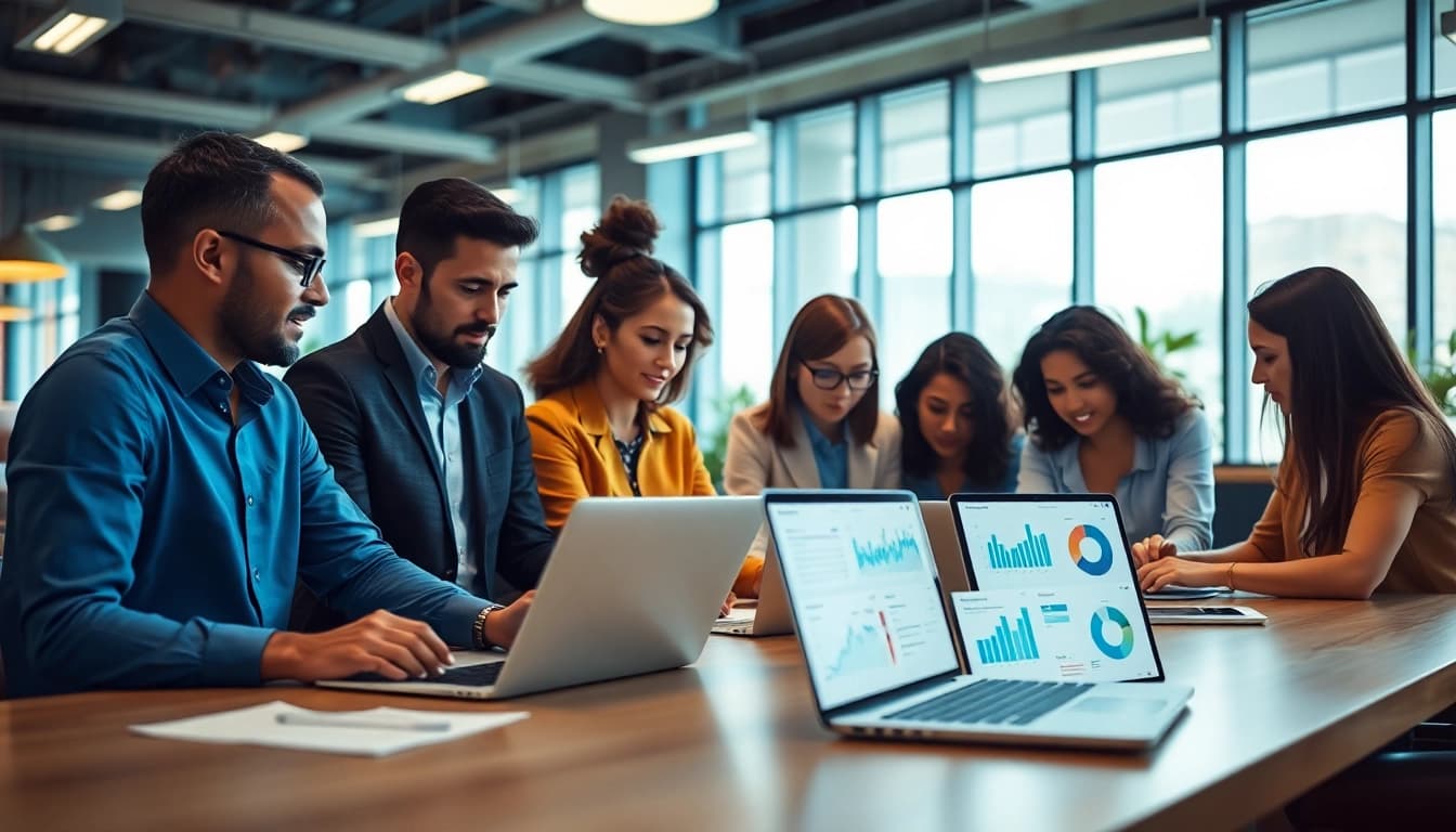 Showcase of enterprise assistant software enhancing teamwork in a modern office setting.