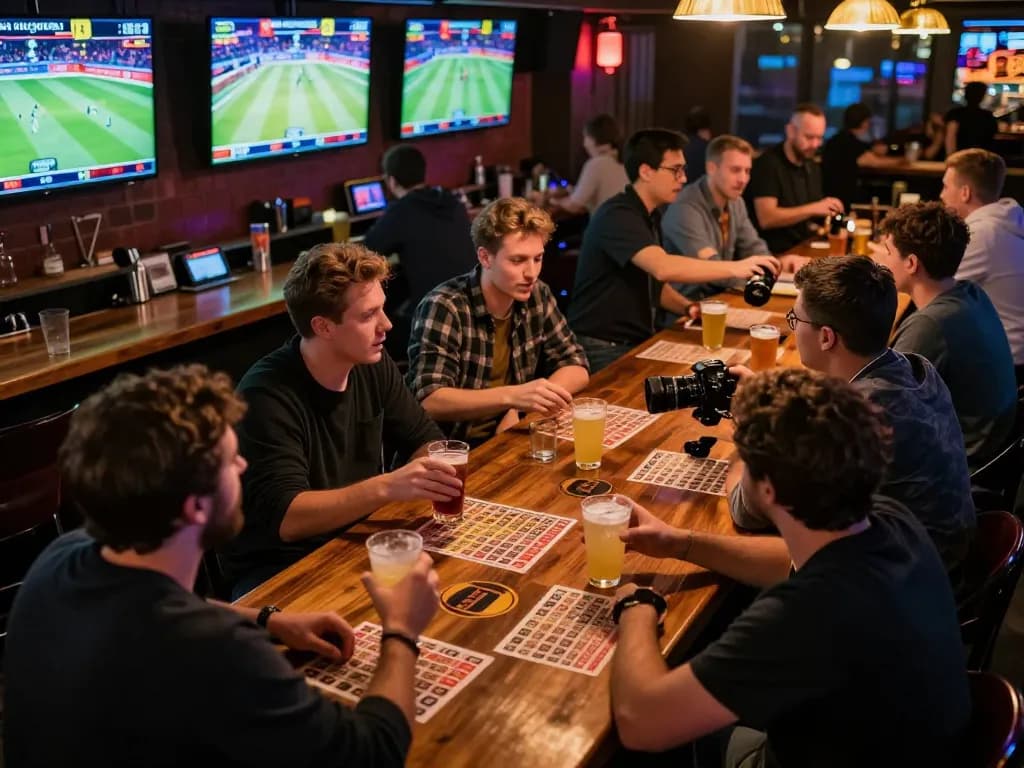 Exciting sports betting scene at a bar with fans engaged in slot gacor strategies and live games.