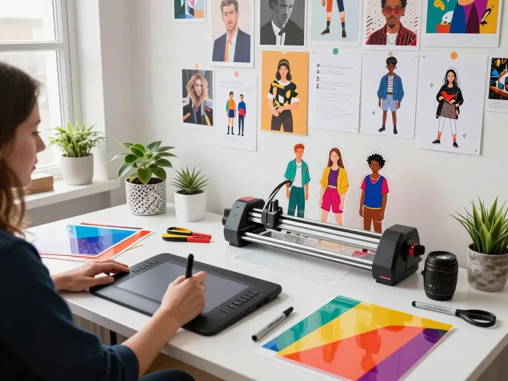 Custom acrylic stand design process showcasing vibrant colors and creative workspace