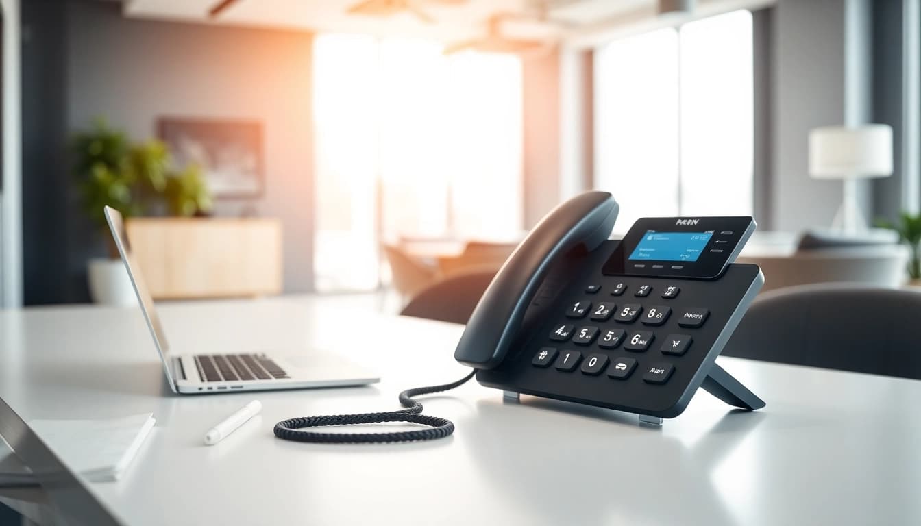 Showcase a small business voip phone system in a modern office setting with sleek design.