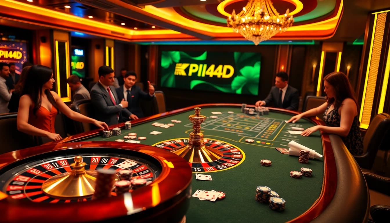 KPI4D roulette wheel and poker game displaying vibrant gambling action.