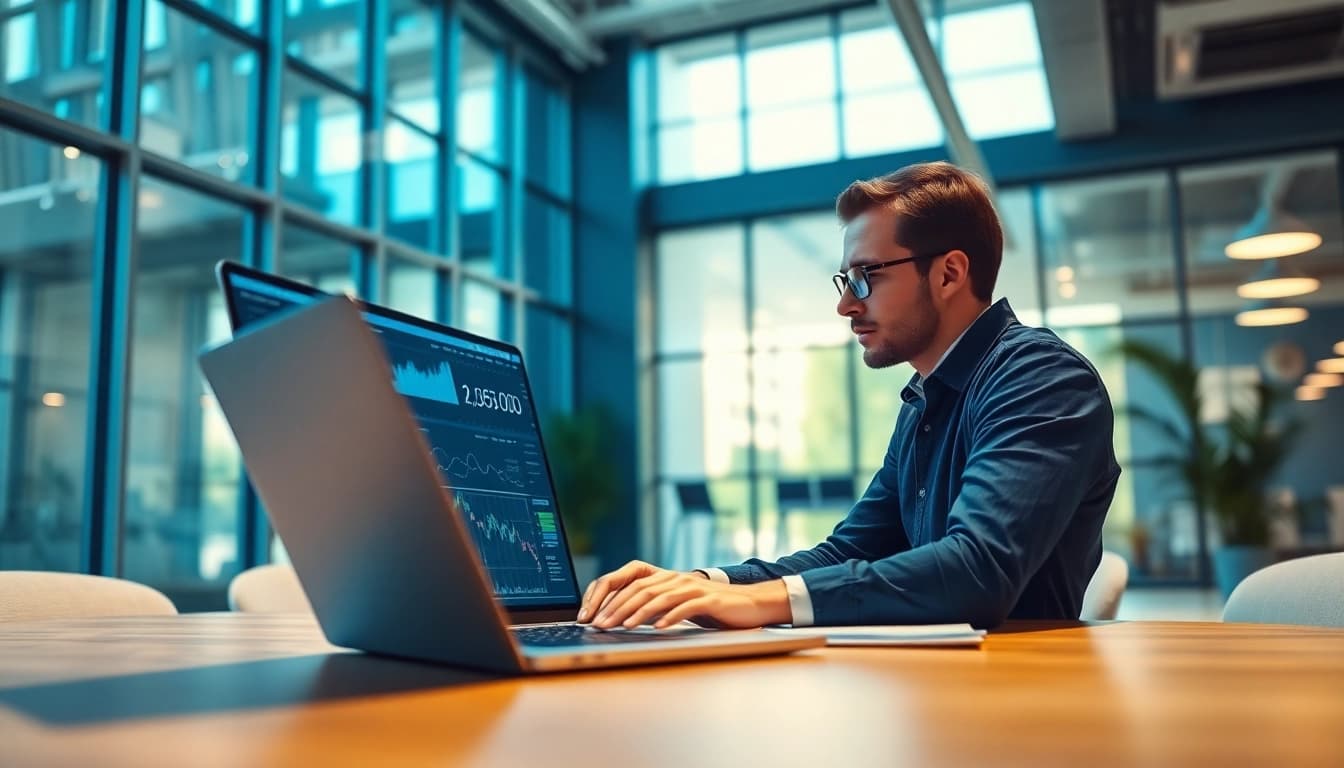 Engaged professional utilizing ai enterprise search tools in a modern office setting.