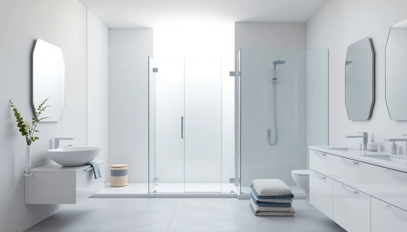 Admire sunney shower doors in a modern bathroom with sleek design and natural lighting.