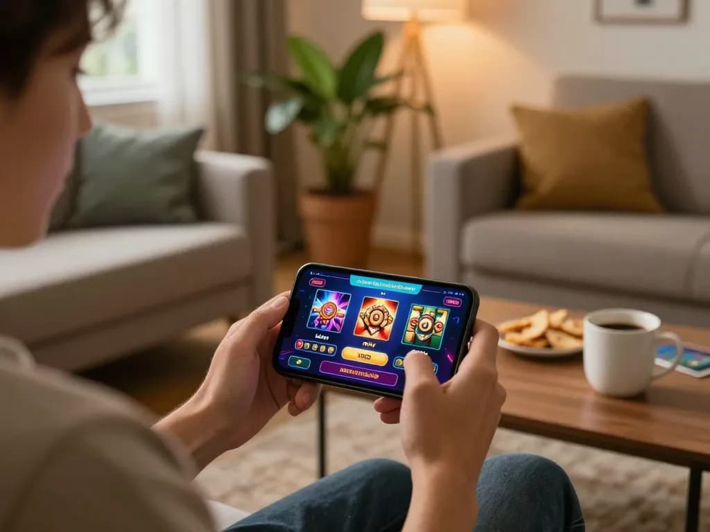 Playing เว็บตรงสล็อต on smartphone in a cozy living room environment