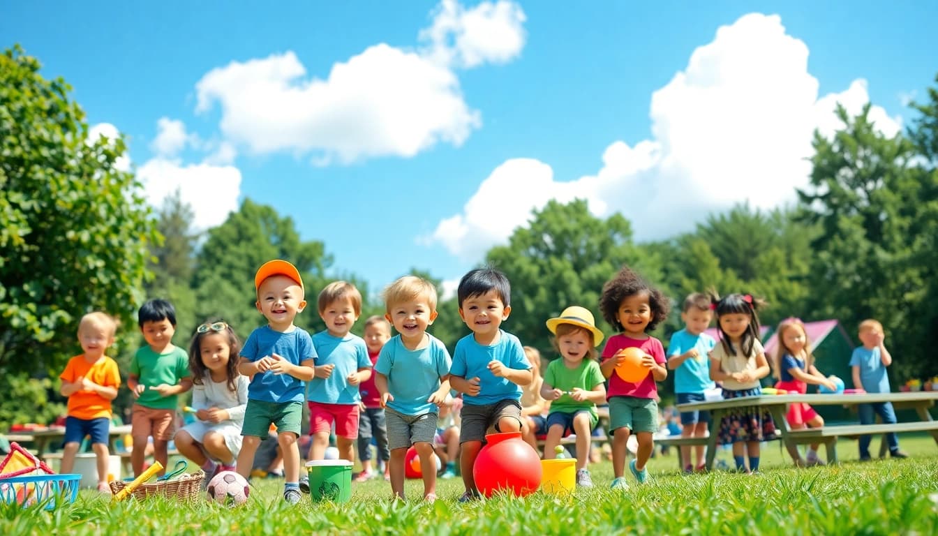 Kids enjoying activities at a summer childrens camp, showcasing a lively and energetic atmosphere.