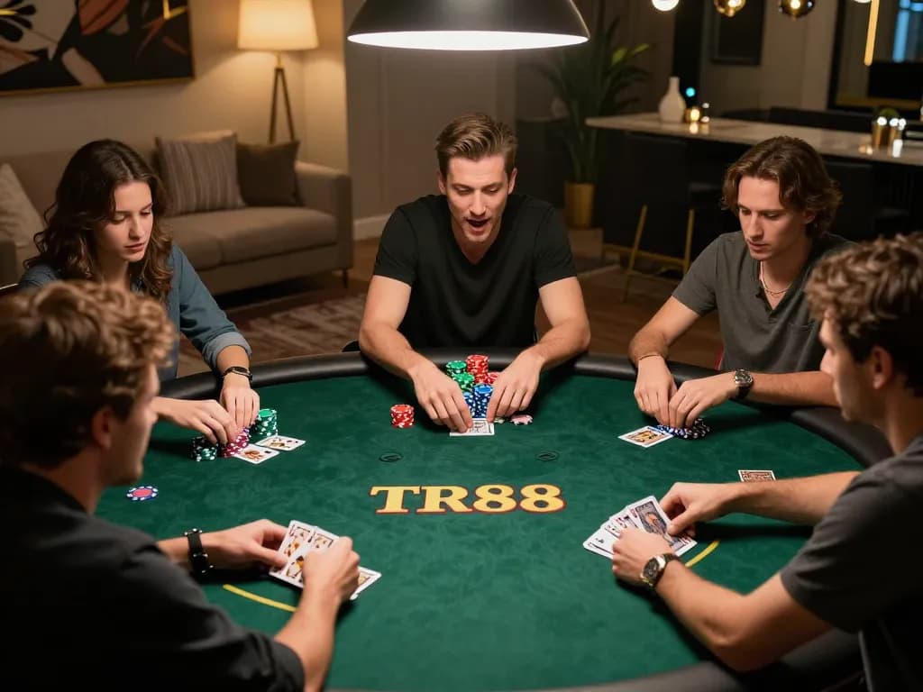 Players at TR88 online poker game strategizing with cards and chips in an engaging home setting