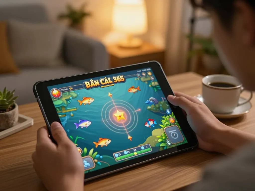 Engaging player experiencing Bắn Cá 365 on a tablet in a cozy home setting.