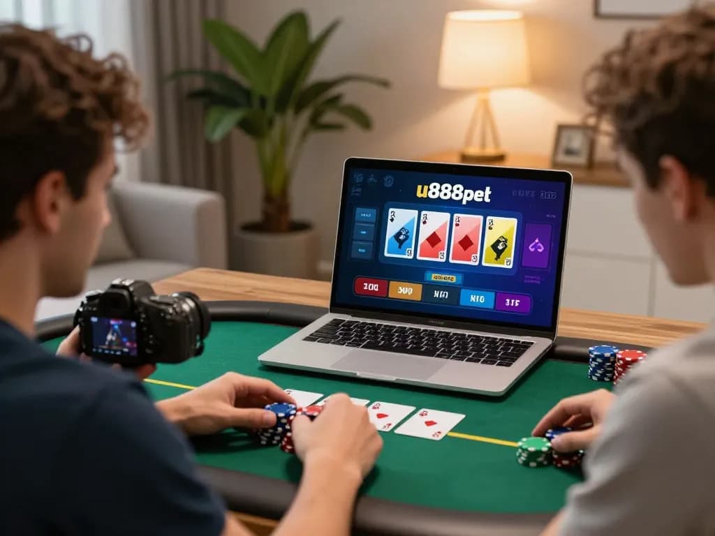 Player enjoying live poker on u888poker in a warm home office setting