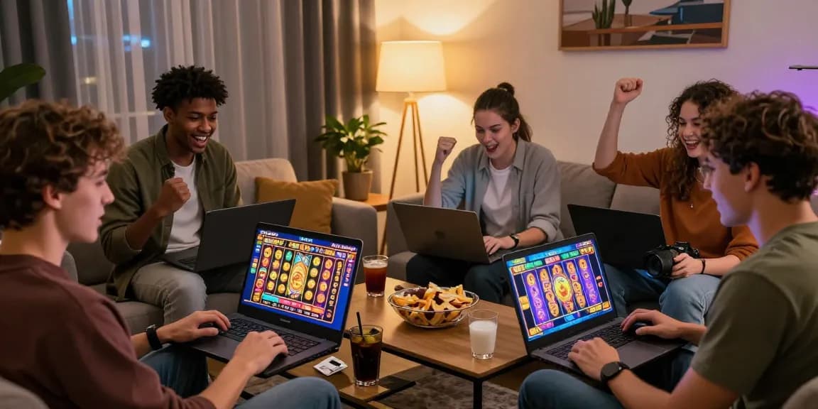Enthusiastic players enjoying a slot depo 5k game session in a cozy living room.