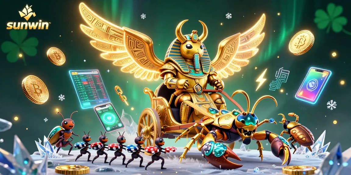 Experience thrilling gameplay at Sunwin with a colossal golden scarab beetle, scorpions, and poker chips in a vibrant casino scene.