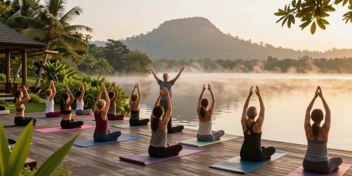 Yoga teachers intensive Sri Lanka with Simon Borg-Olivier during a sunrise session by Koggala Lake.