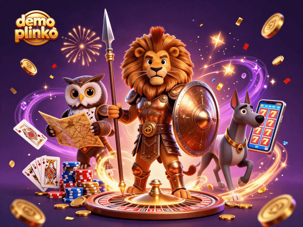 Engage with demo plinko action featuring a Spartan lion, owl strategist, and greyhound amidst vibrant casino elements.