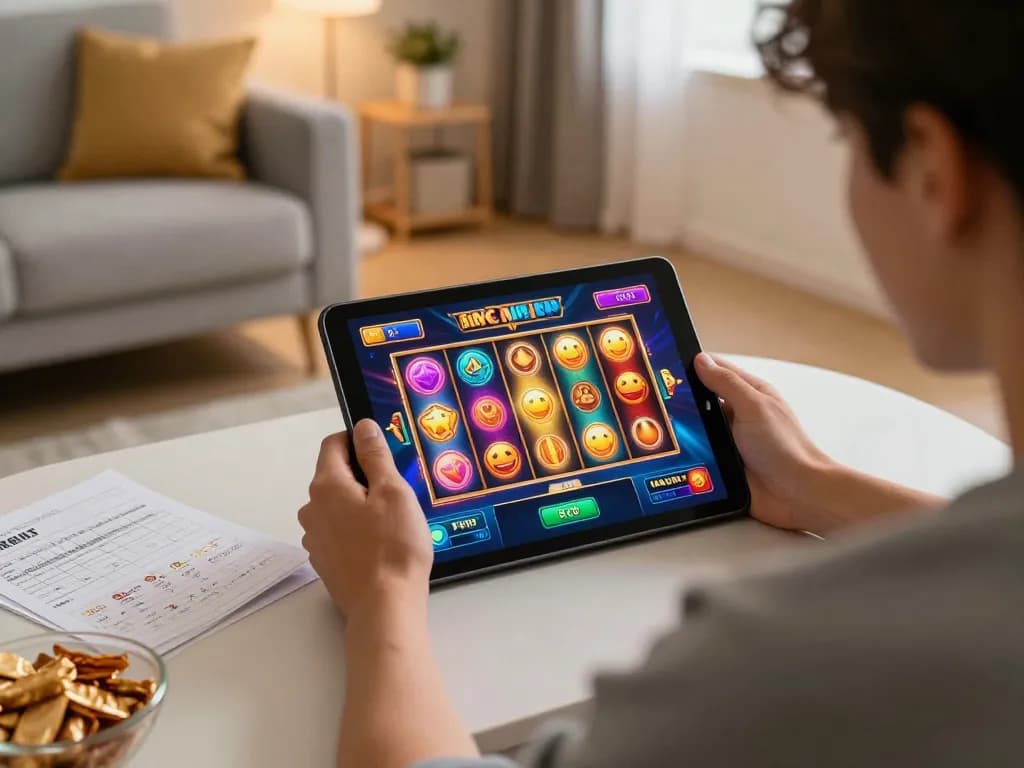 Enjoying a thrilling slot game on a tablet in a cozy home setting, relaxed and engaged in online gaming