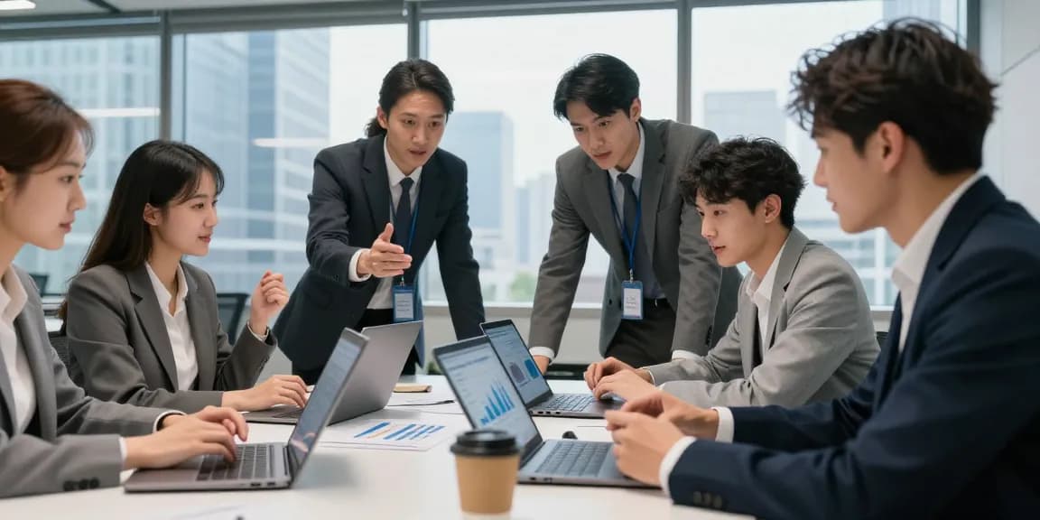 Collaborative business meeting scene analyzing Vodafone vs O2 business mobile options in a modern office setting.