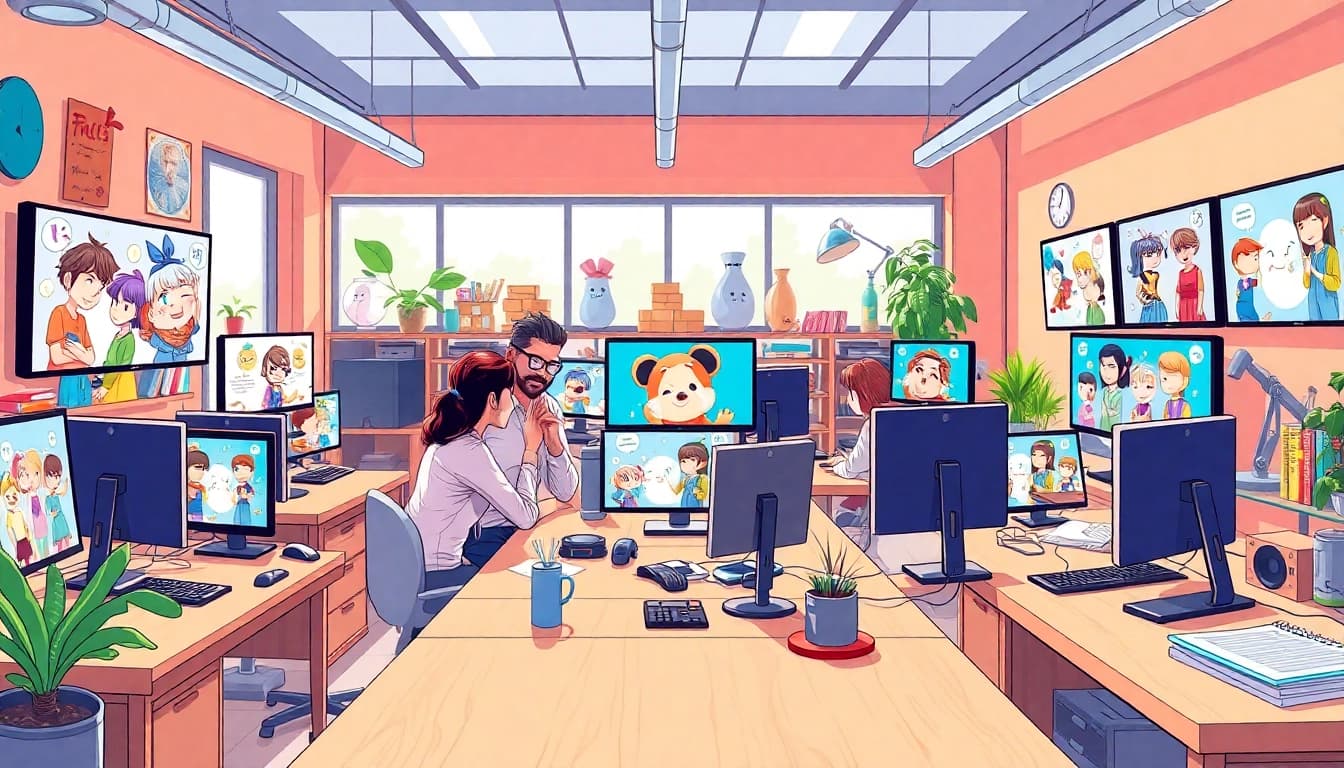 Animationsagentur im kreativen Studio mit animierenden Charakteren und kollaborierenden Animatoren.