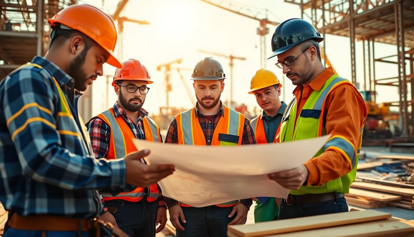 Construction apprenticeships Carolinas: Diverse apprentices collaborating on a construction site in the Carolinas.
