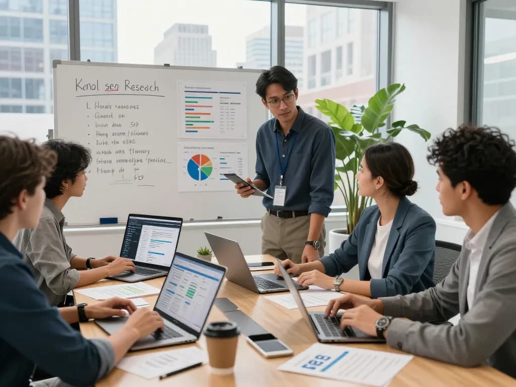 Collaboration among SEO specialists at the Best SEO Company NYC, showcasing strategy and analytics in a vibrant office.