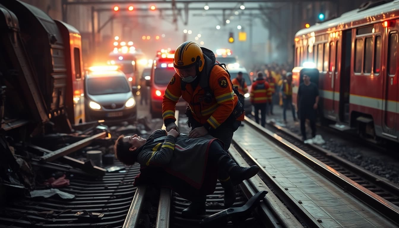 Dramatic scene of spain train crash rescue efforts with emergency responders assisting victims.