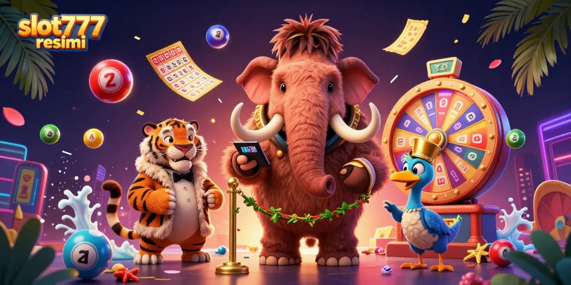 Experience excitement at slot777 resmi's vibrant casino scene featuring unique cartoon characters.