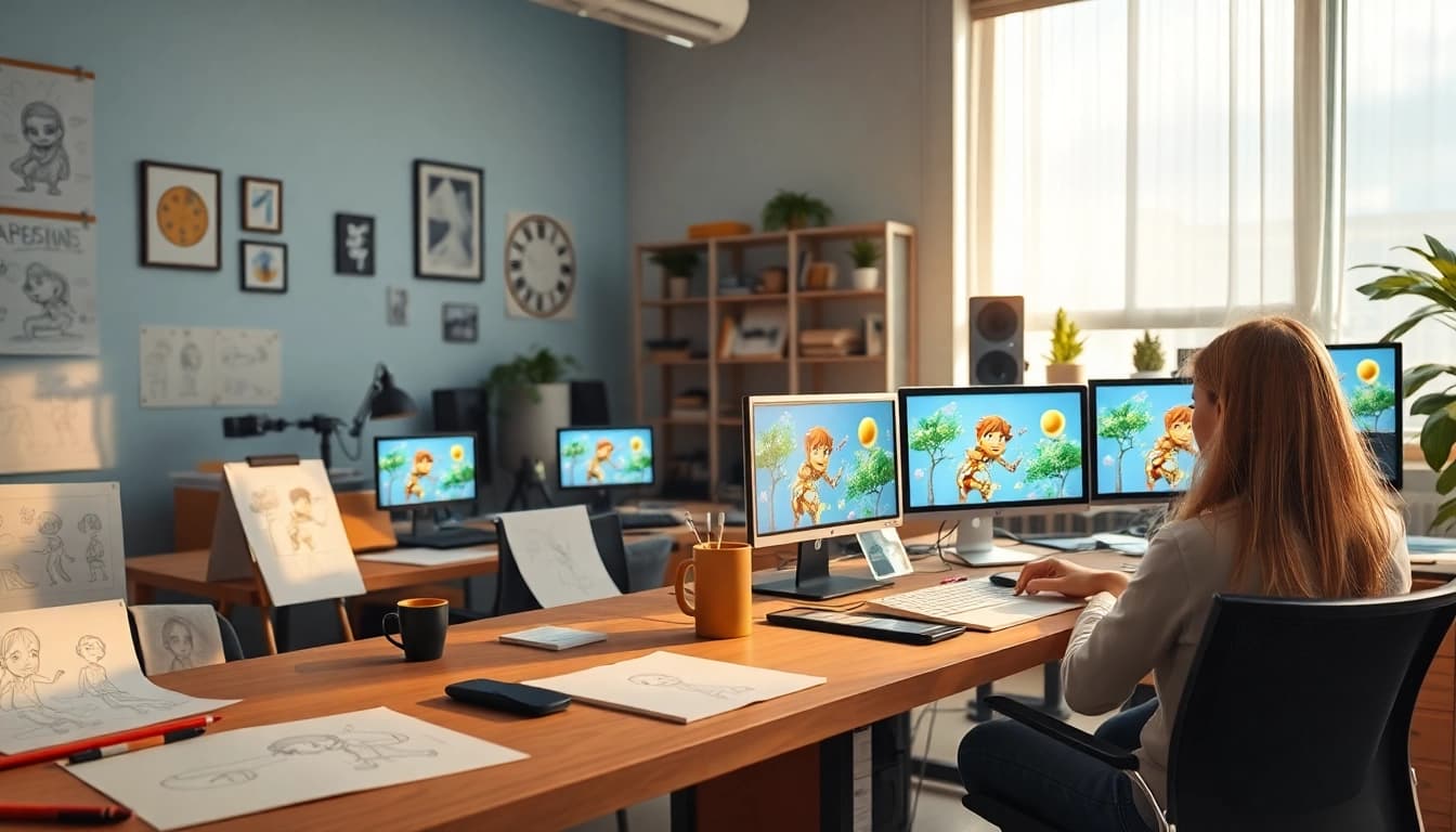 Animation Studio Berlin zeigt kreative Künstler bei der Arbeit an charakterdesigns.
