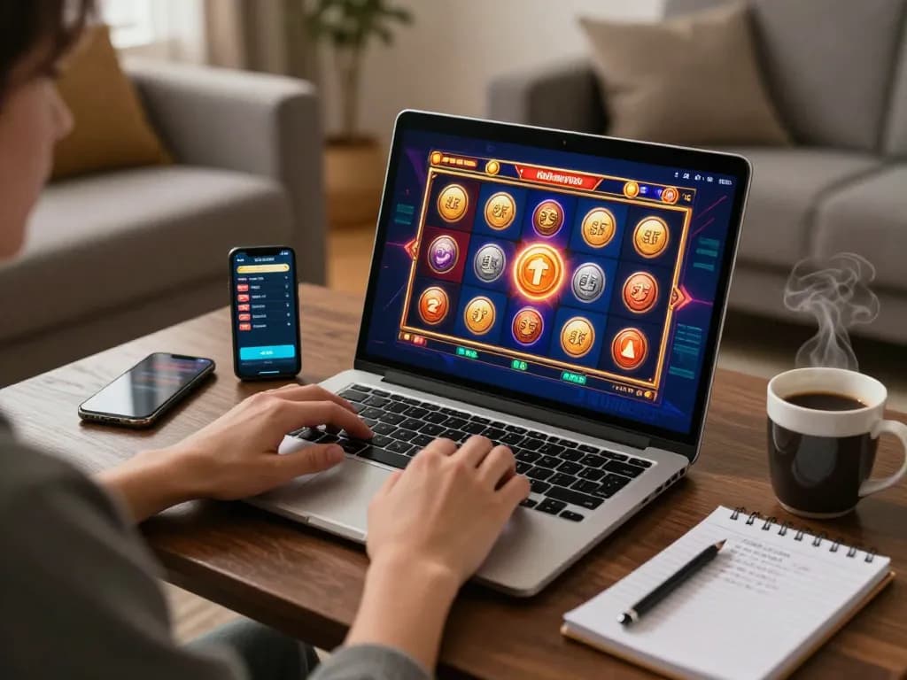 Experience slot gacor gampang menang while playing in a cozy home setup with strategic notes and gaming devices.