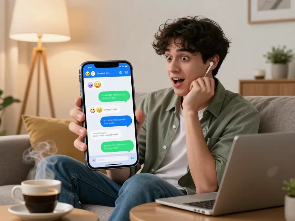 Engaging AI sex chat interface on a smartphone, portraying lively conversation with user in cozy living room.
