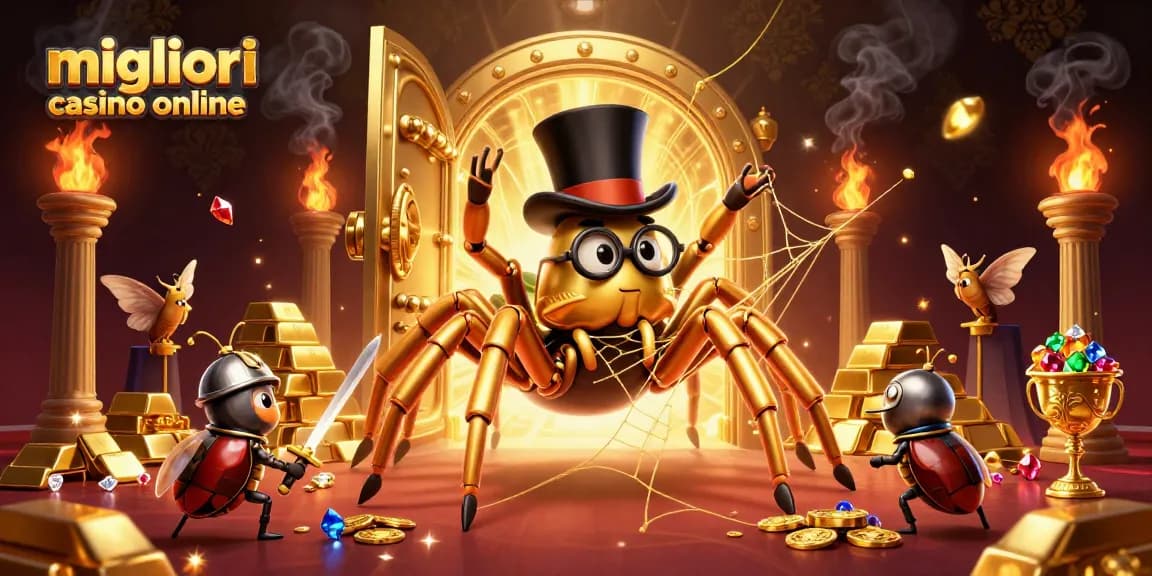 Immagine di un ragno dorato nei migliori casino online mentre un piccolo cavaliere si avvicina.
