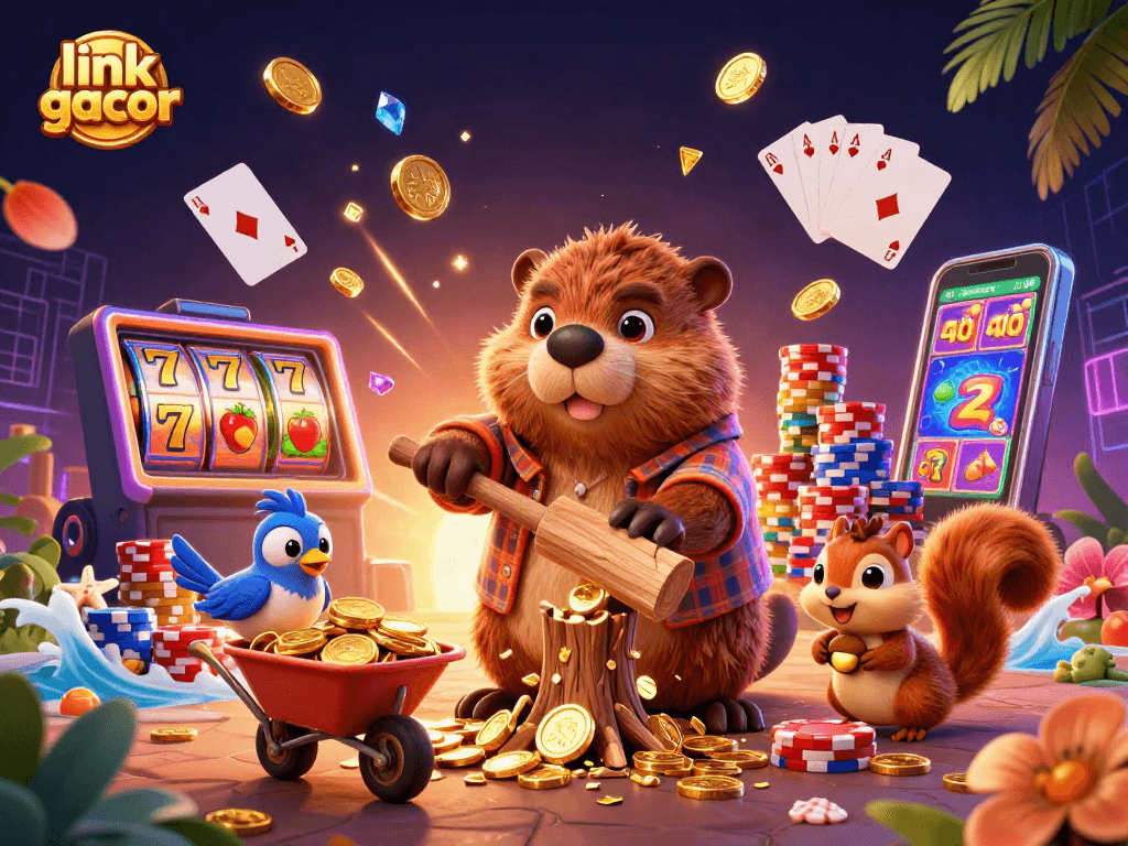 Experience the thrill of casino gaming with link gacor, a dynamic scene featuring a beaver collecting golden coins.