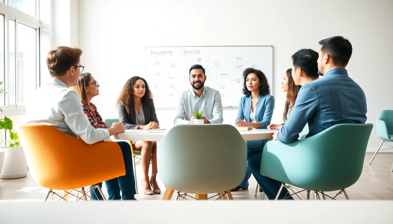 Engaged team discussing strategies in a business coaching service setting within a contemporary office.