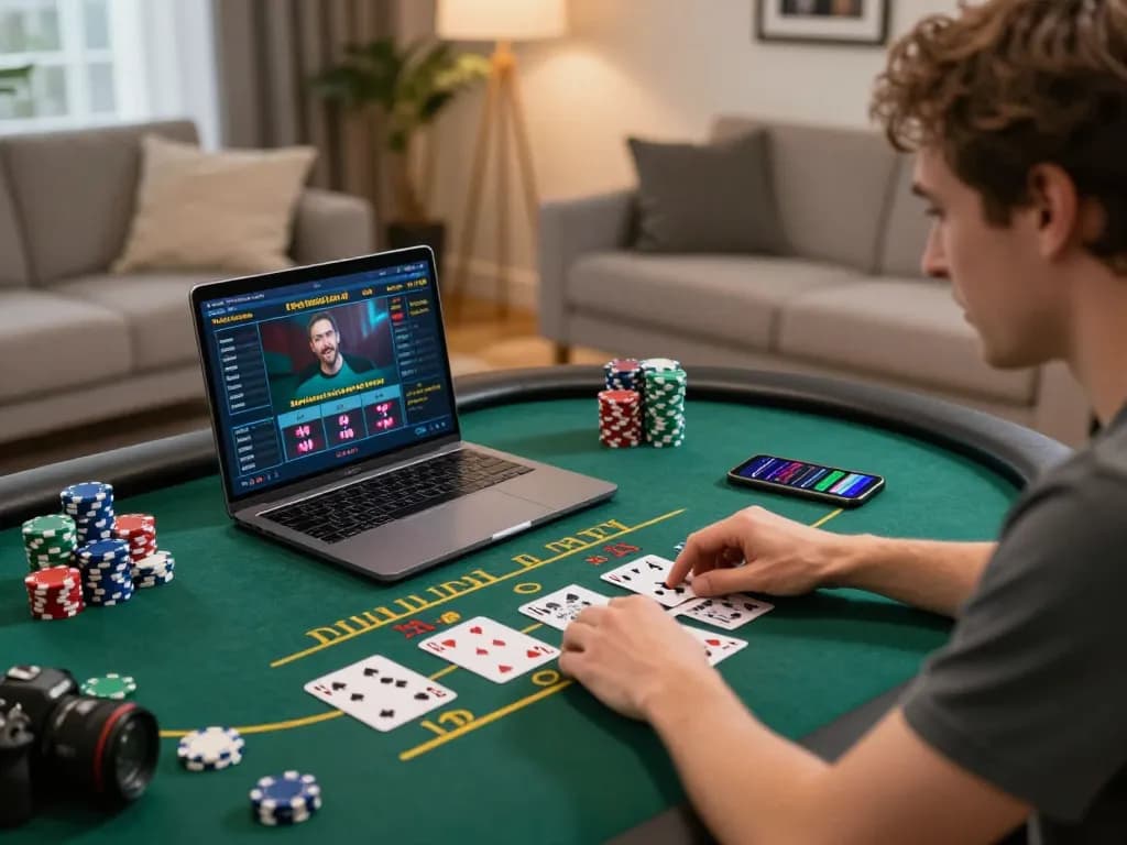 Player engaged in online gambling activities with 8kbet on a laptop, surrounded by poker chips and cards.