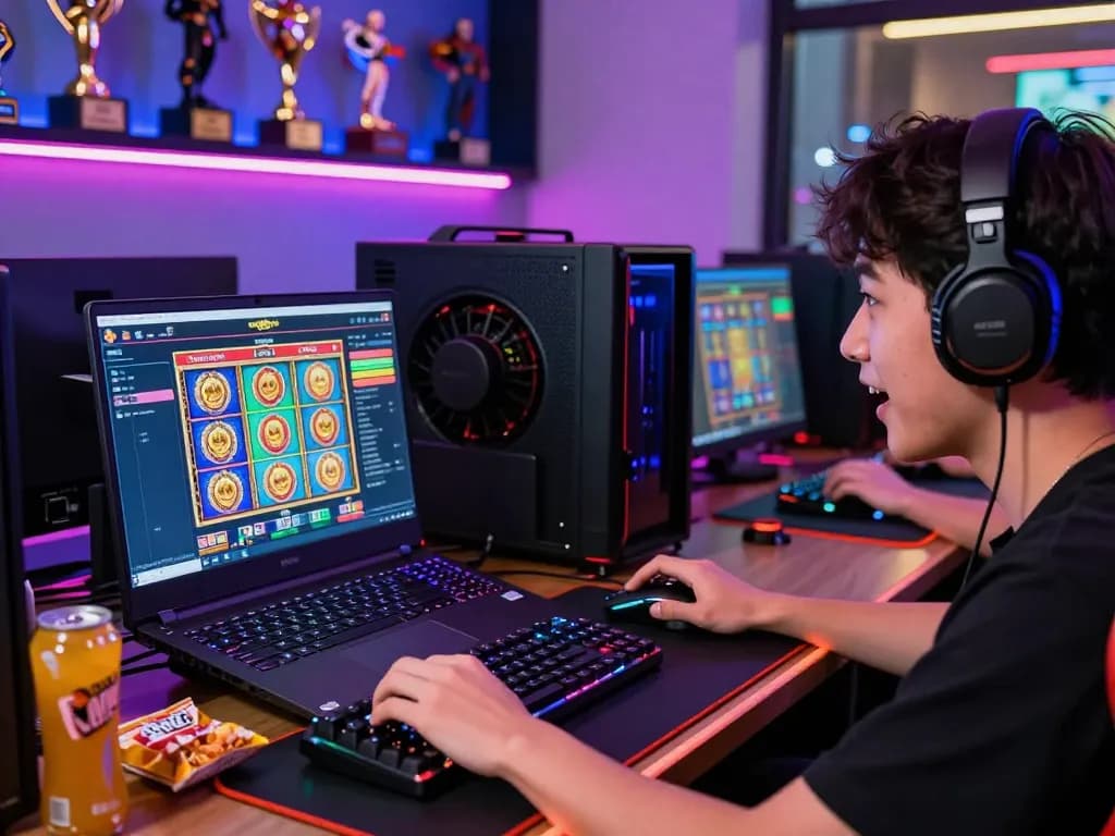 Pemain yang antusias berinteraksi dengan situs slot gacor di setup permainan yang cerah.
