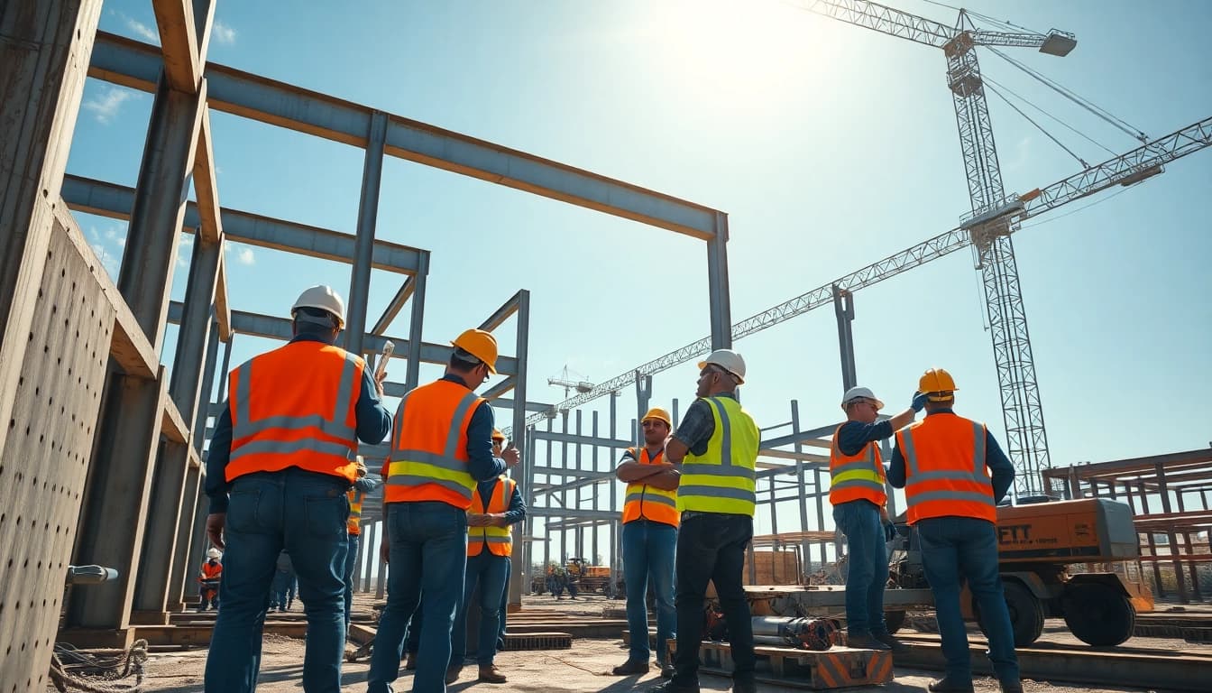 Construction workers conducting structural steel installation showcasing teamwork and precision.
