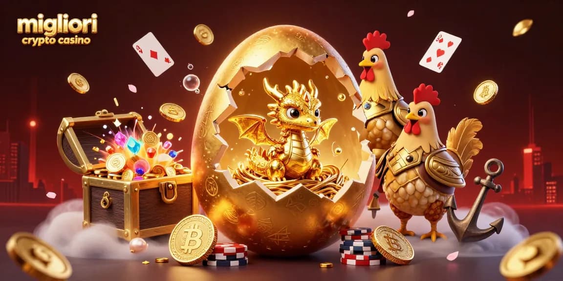 Scopri i migliori crypto casino con un drago d'oro tra fiches e monete nel fantastico mondo del gioco online.