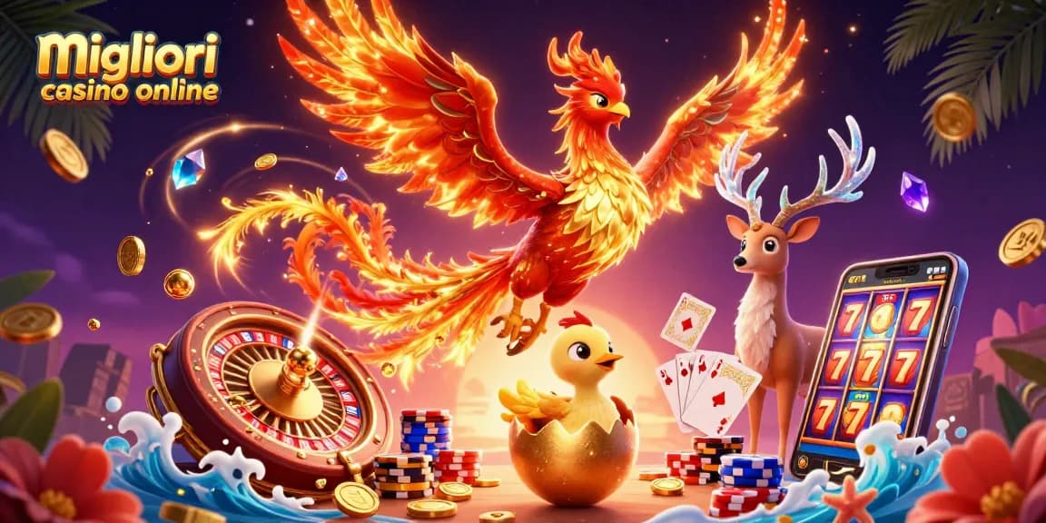 I migliori casino online mostrano un'avvincente scena con un fenice e giochi d'azzardo.