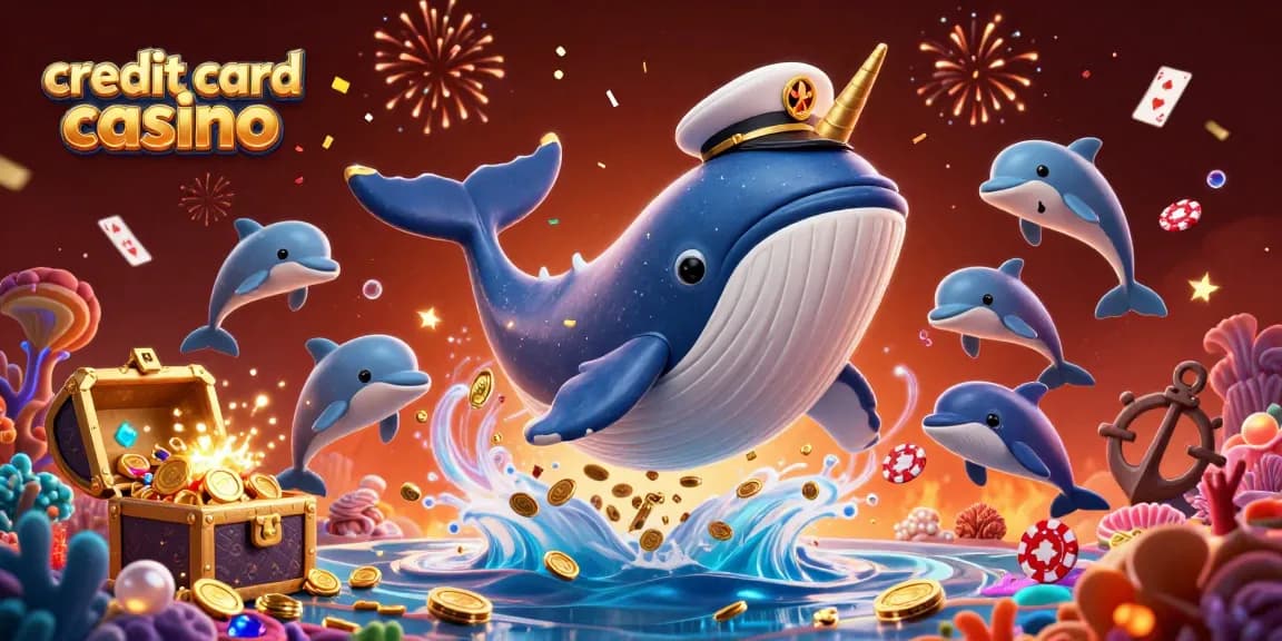 Join the excitement at a credit card casino with our vibrant 3D illustration of a whale and playful dolphins!