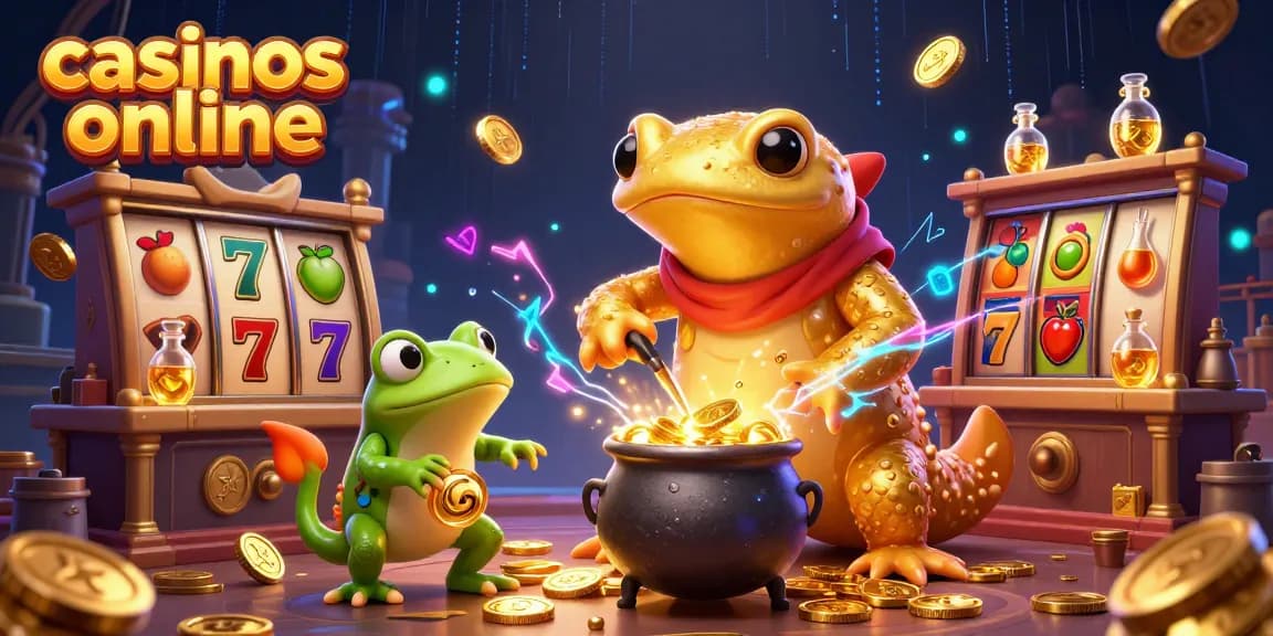 Disfruta de casinos online con juegos de tragamonedas y oro fluido en esta ilustración mágica.