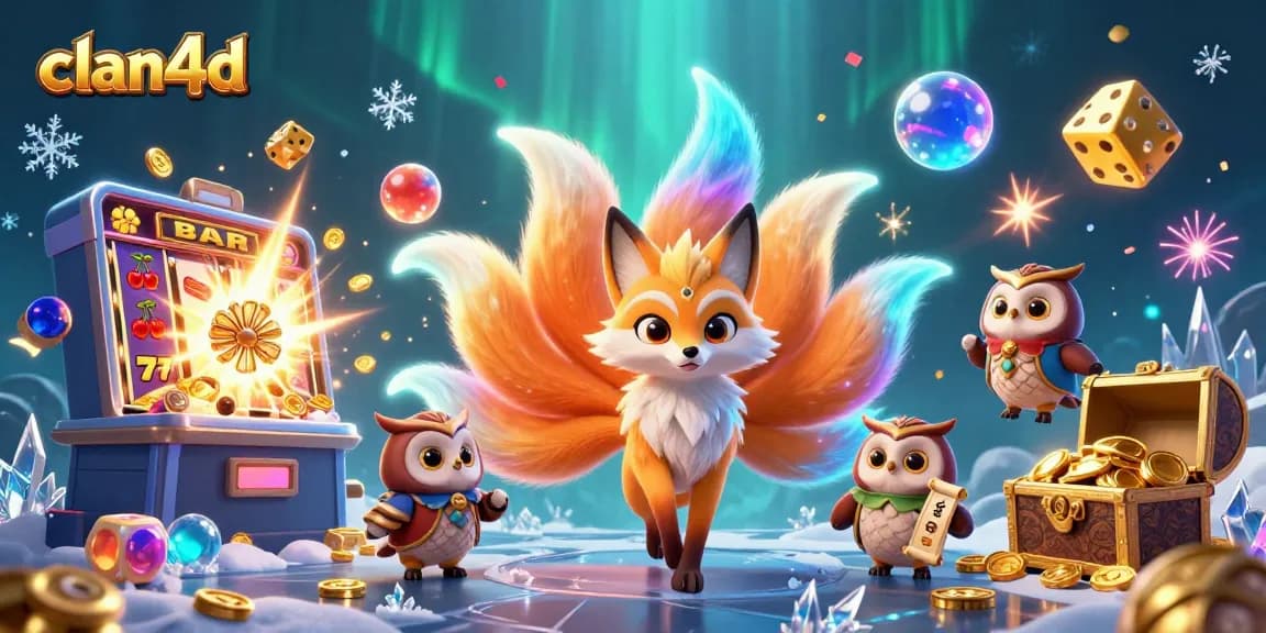 Spin and win with clan4d showcasing a vibrant 3D casino scene filled with fortune symbols and magical creatures.