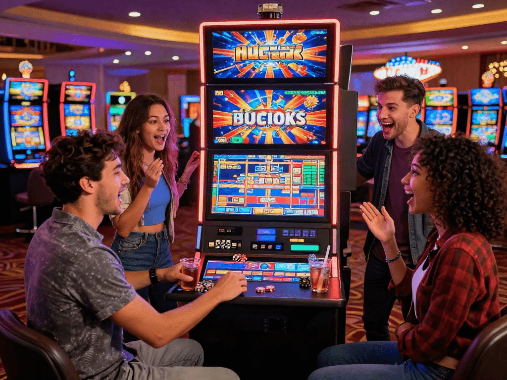 Group enjoying a slot bonus experience at a casino, vibrant atmosphere with colorful machines and excitement.