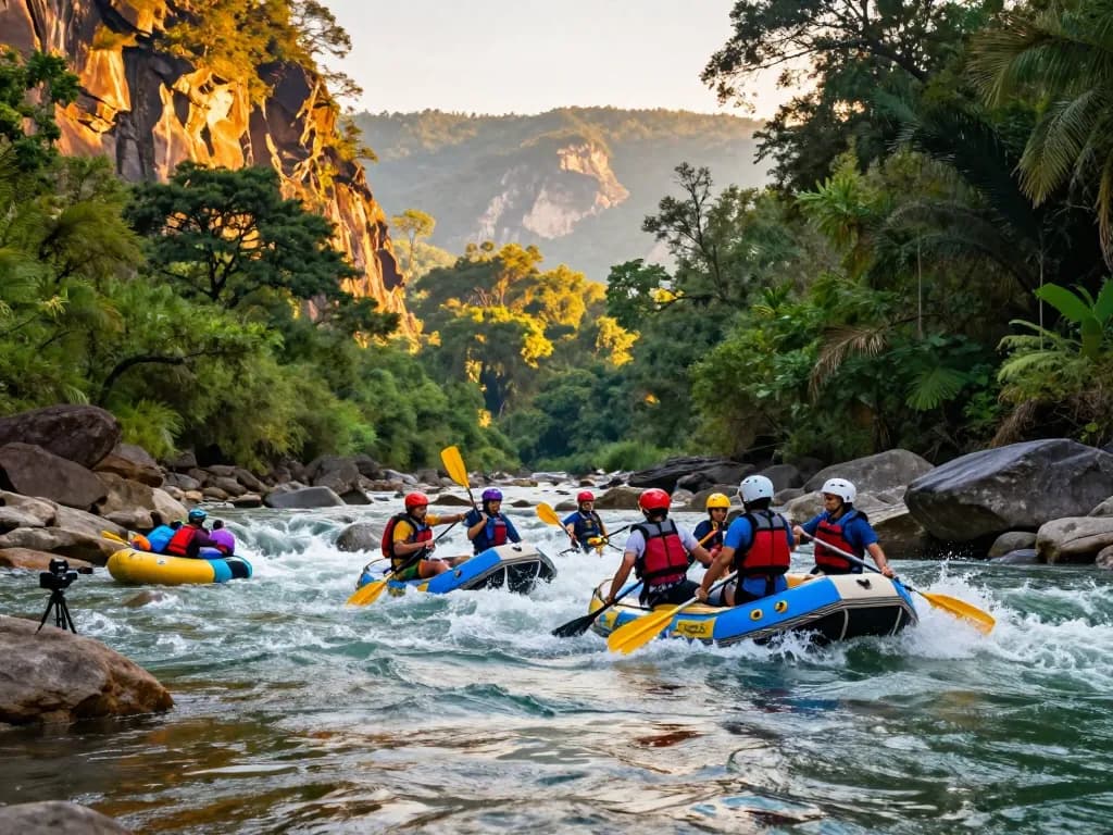 Dandeli adventure with friends rafting on Kali River amidst lush greenery.