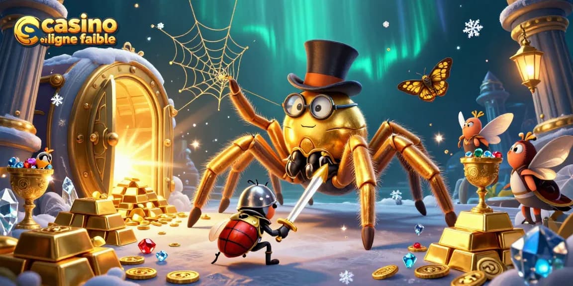 Illustration dynamique d'un casino en ligne fiable avec une tarentule dorée, symbole d'une aventure de jeux d'argent.