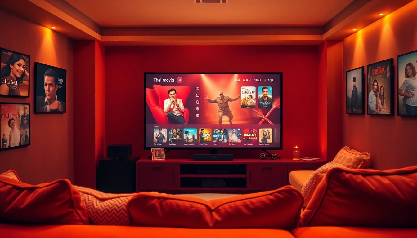 Enjoying หนังออนไลน์ in a cozy home theater setup with a large TV and inviting atmosphere.