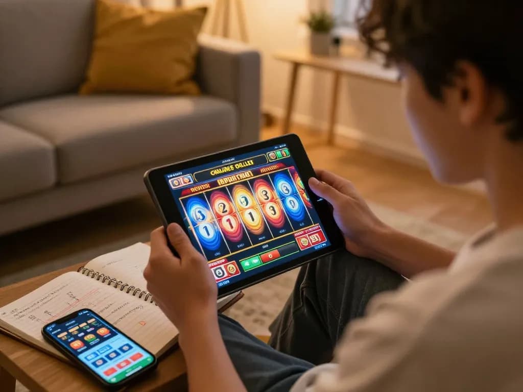 Engaged player using tablet for a slot bet 200 experience at home, showcasing online gaming atmosphere