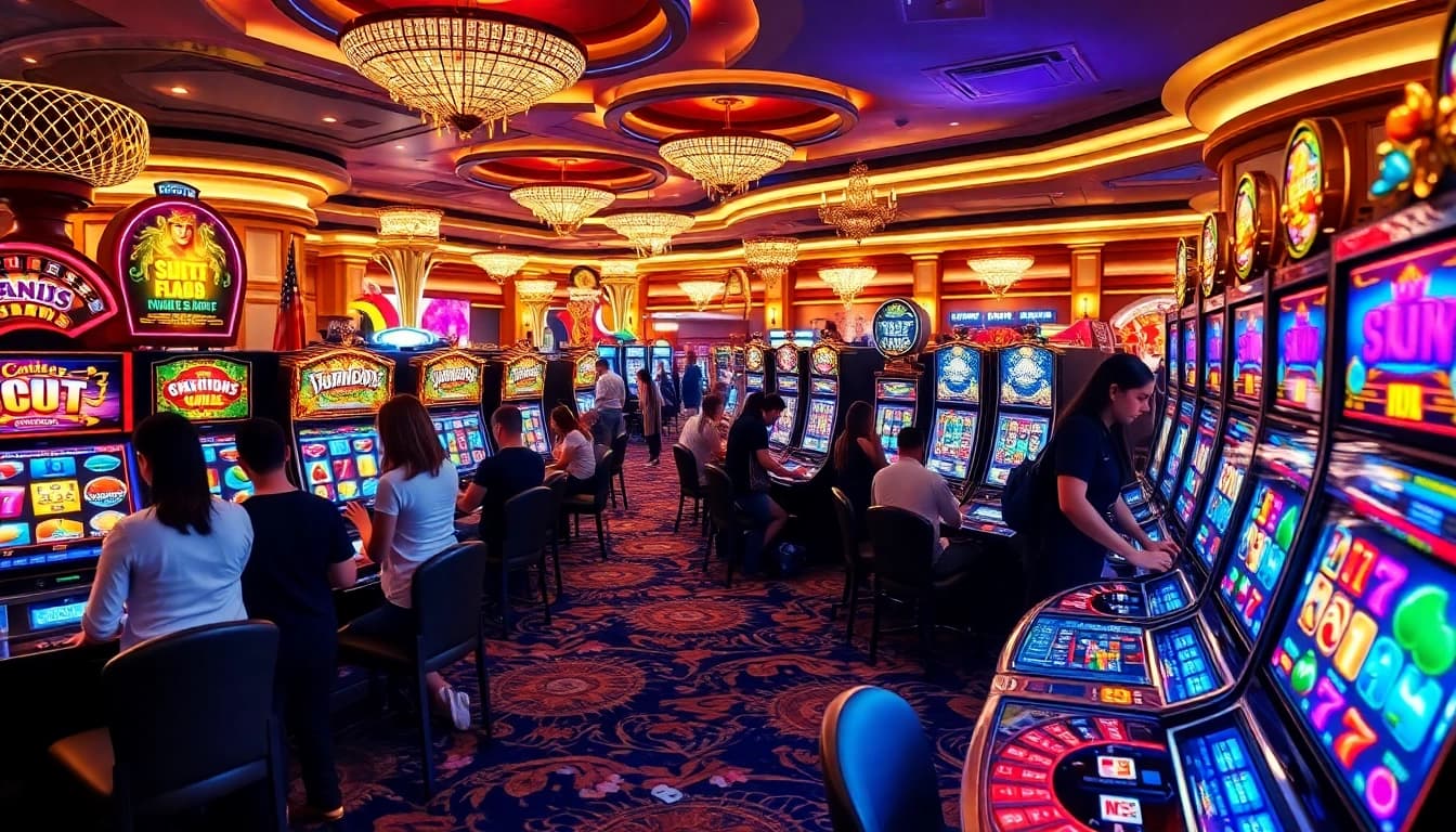 Kegembiraan bonus slot dalam adegan kasino yang hidup dengan para pemain yang bermain pada mesin slot berwarna-warni.